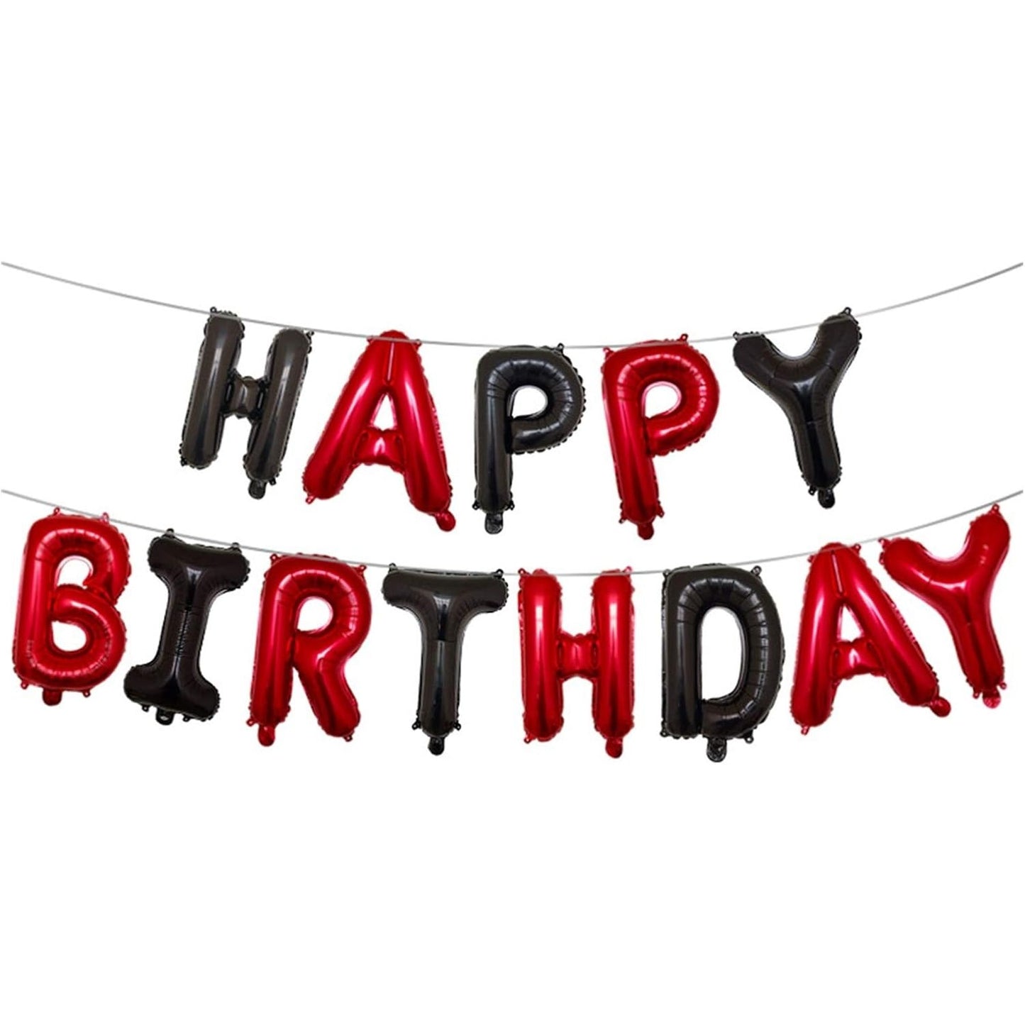 Set Baloane din Folie Metalizata, Model Happy Birthday, Litere de 40 cm, Baloane Party, Ambalaj Individual, Pai, Ata si Adeziv Incluse, Umflare cu Aer sau Heliu, Rosu-Negru