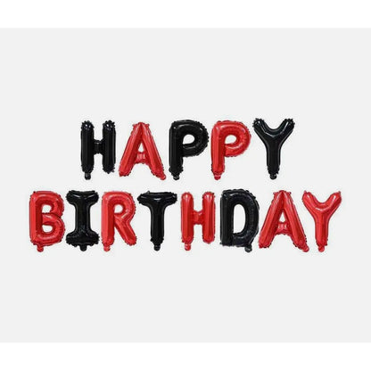 Set Baloane din Folie Metalizata, Model Happy Birthday, Litere de 40 cm, Baloane Party, Ambalaj Individual, Pai, Ata si Adeziv Incluse, Umflare cu Aer sau Heliu, Rosu-Negru