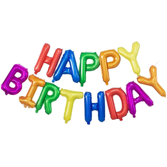 Set Baloane din Folie Metalizata, Model Happy Birthday, Litere de 40 cm, Baloane Party, Ambalaj Individual, Pai, Ata si Adeziv Incluse, Umflare cu Aer sau Heliu, Multicolor