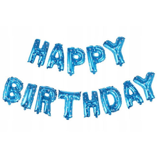 Set Baloane din Folie Metalizata, Model Happy Birthday, Litere de 40 cm, Baloane Party, Ambalaj Individual, Pai, Ata si Adeziv Incluse, Umflare cu Aer sau Heliu, Albastru