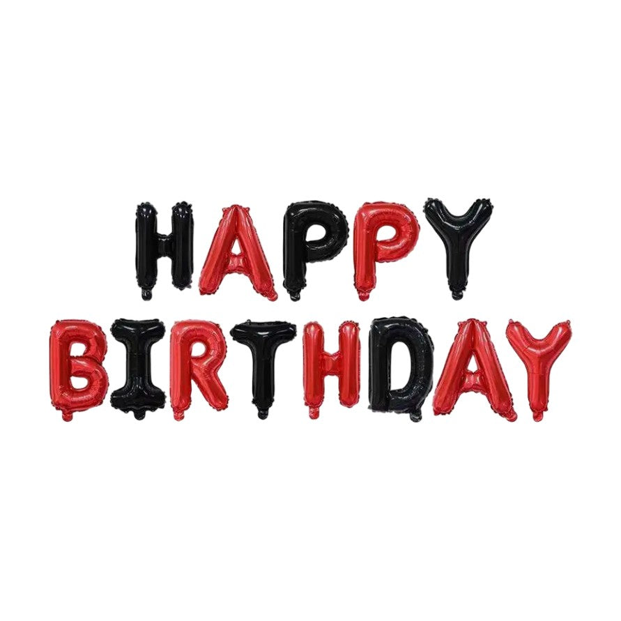 Set Baloane din Folie Metalizata, Model Happy Birthday, Litere de 40 cm, Baloane Party, Ambalaj Individual, Pai, Ata si Adeziv Incluse, Umflare cu Aer sau Heliu, Rosu-Negru