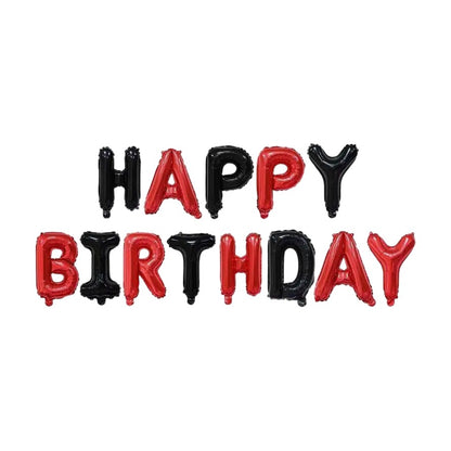 Set Baloane din Folie Metalizata, Model Happy Birthday, Litere de 40 cm, Baloane Party, Ambalaj Individual, Pai, Ata si Adeziv Incluse, Umflare cu Aer sau Heliu, Rosu-Negru