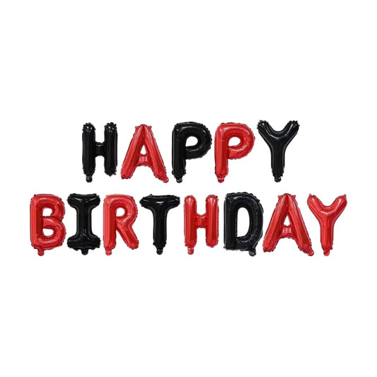 Set Baloane din Folie Metalizata, Model Happy Birthday, Litere de 40 cm, Baloane Party, Ambalaj Individual, Pai, Ata si Adeziv Incluse, Umflare cu Aer sau Heliu, Rosu-Negru