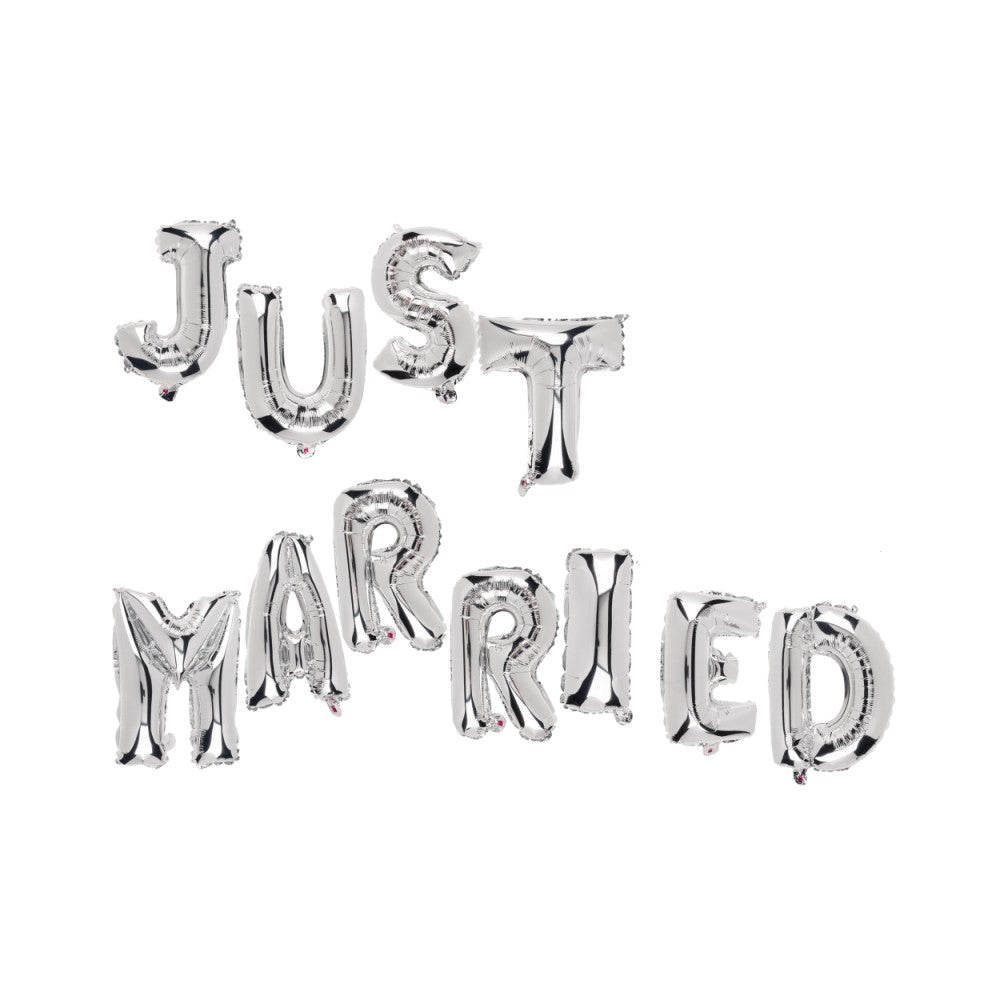 Set Baloane din Folie Metalizata, Figurine Litere, Model Just Married, Tema Nunta, 40 cm, Baloane Party, Ambalaj Individual, Pai inclus, Umflare cu Aer sau Heliu, Argintiu