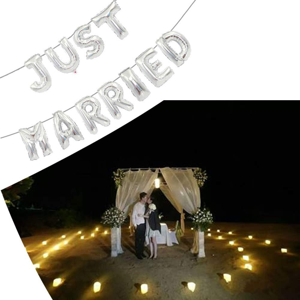 Set Baloane din Folie Metalizata, Figurine Litere, Model Just Married, Tema Nunta, 40 cm, Baloane Party, Ambalaj Individual, Pai inclus, Umflare cu Aer sau Heliu, Argintiu