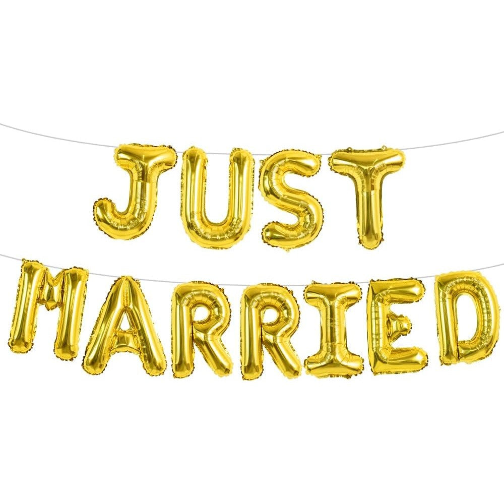 Set Baloane din Folie Metalizata, Model Just Married, Litere de 40 cm, Baloane Party, Ambalaj Individual, Pai, Ata si Adeziv Incluse, Umflare cu Aer sau Heliu, Auriu