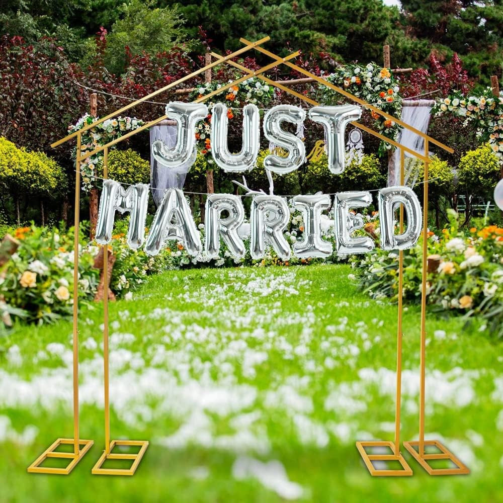 Set Baloane din Folie Metalizata, Model Just Married, Litere de 40 cm, Baloane Party, Ambalaj Individual, Pai, Ata si Adeziv Incluse, Umflare cu Aer sau Heliu, Argintiu