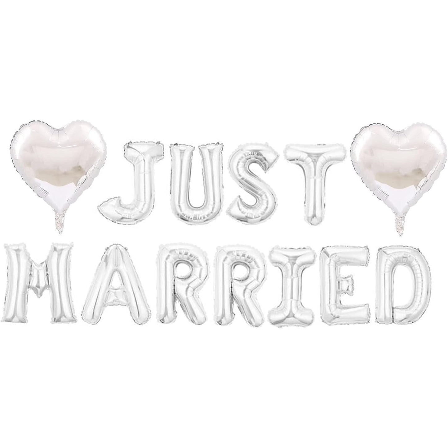 Set Baloane din Folie Metalizata, Model Just Married, Litere de 40 cm, Baloane Party, Ambalaj Individual, Pai, Ata si Adeziv Incluse, Umflare cu Aer sau Heliu, Argintiu