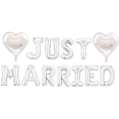 Set Baloane din Folie Metalizata, Model Just Married, Litere de 40 cm, Baloane Party, Ambalaj Individual, Pai, Ata si Adeziv Incluse, Umflare cu Aer sau Heliu, Argintiu