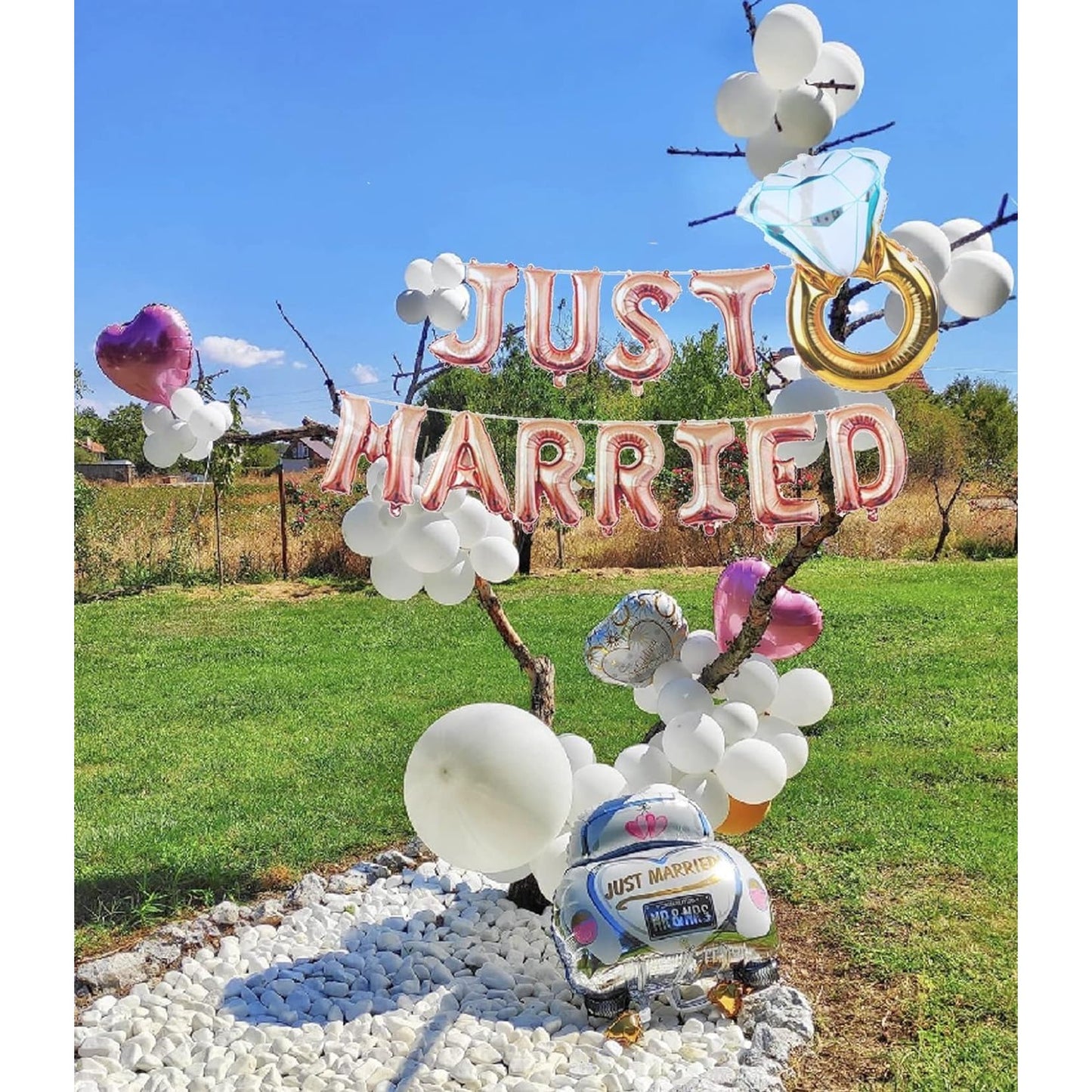 Set Baloane din Folie Metalizata, Model Just Married, Litere de 40 cm, Baloane Party, Ambalaj Individual, Pai, Ata si Adeziv Incluse, Umflare cu Aer sau Heliu, Roz