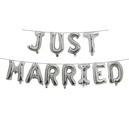 Set Baloane din Folie Metalizata, Figurine Litere, Model Just Married, Tema Nunta, 40 cm, Baloane Party, Ambalaj Individual, Pai inclus, Umflare cu Aer sau Heliu, Argintiu