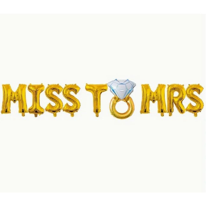 Set Baloane din Folie Metalizata, Model Miss to Mrs cu Inel de Logodna, Litere de 40 cm, Tema Iubire, Baloane Party, Ambalaj Individual, Pai Inclus, Umflare cu Aer sau Heliu, Auriu