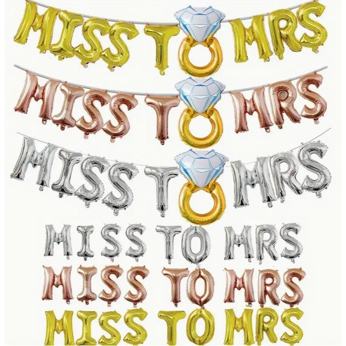 Set Baloane din Folie Metalizata, Model Miss to Mrs cu Inel de Logodna, Litere de 40 cm, Tema Iubire, Baloane Party, Ambalaj Individual, Pai Inclus, Umflare cu Aer sau Heliu, Argintiu