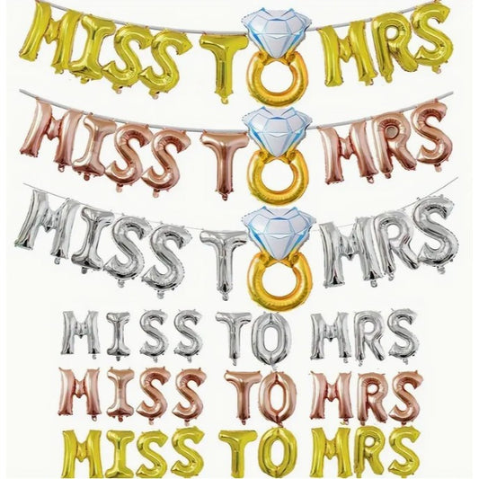 Set Baloane din Folie Metalizata, Model Miss to Mrs cu Inel de Logodna, Litere de 40 cm, Tema Iubire, Baloane Party, Ambalaj Individual, Pai Inclus, Umflare cu Aer sau Heliu, Argintiu