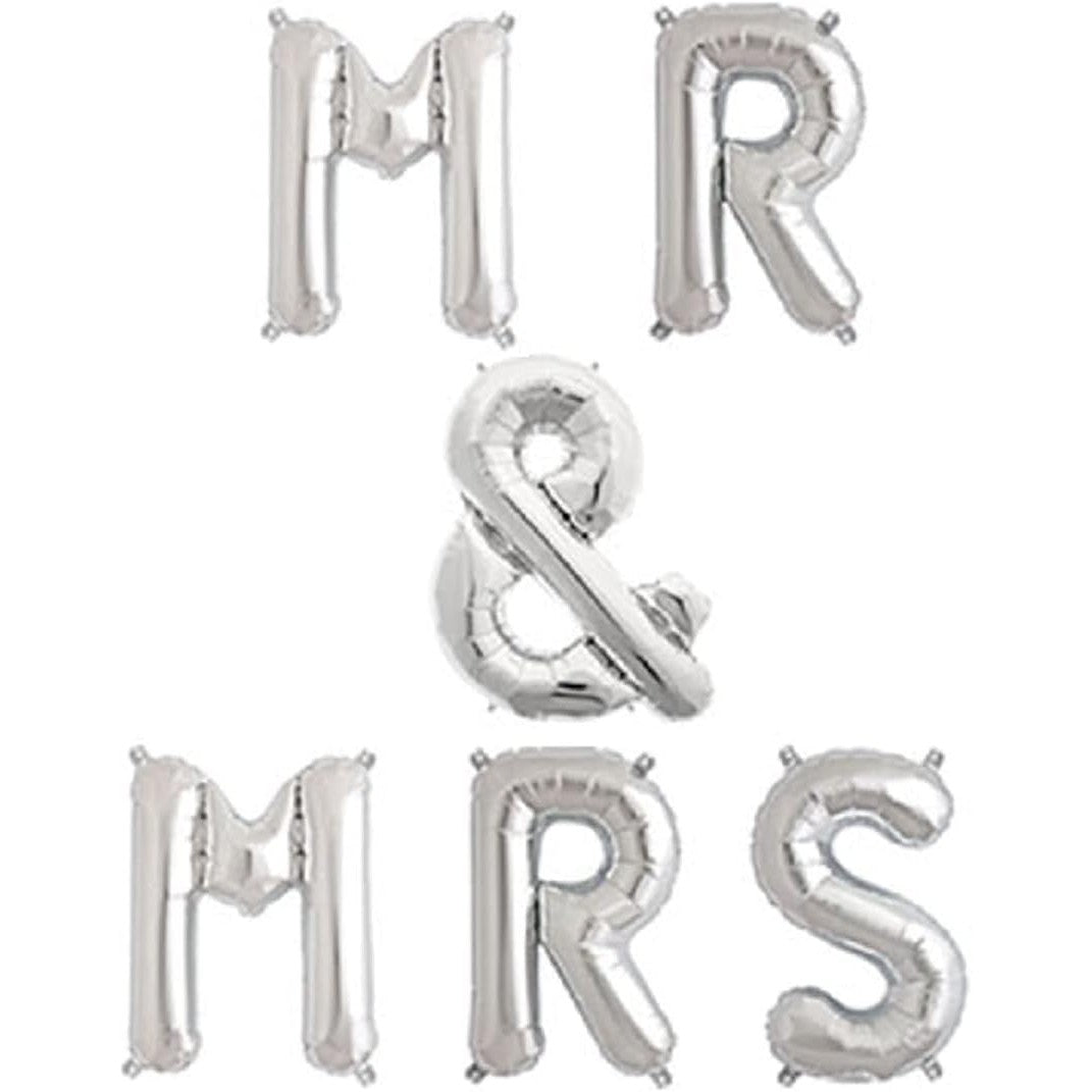 Set Baloane din Folie Metalizata, Figurine Litere, Model MR&MRS, Tema Nunta, 40 cm, Baloane Party, Ambalaj Individual, Pai inclus, Umflare cu Aer sau Heliu, Argintiu