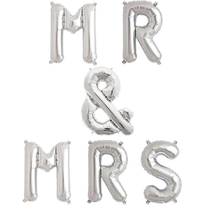 Set Baloane din Folie Metalizata, Figurine Litere, Model MR&MRS, Tema Nunta, 40 cm, Baloane Party, Ambalaj Individual, Pai inclus, Umflare cu Aer sau Heliu, Argintiu