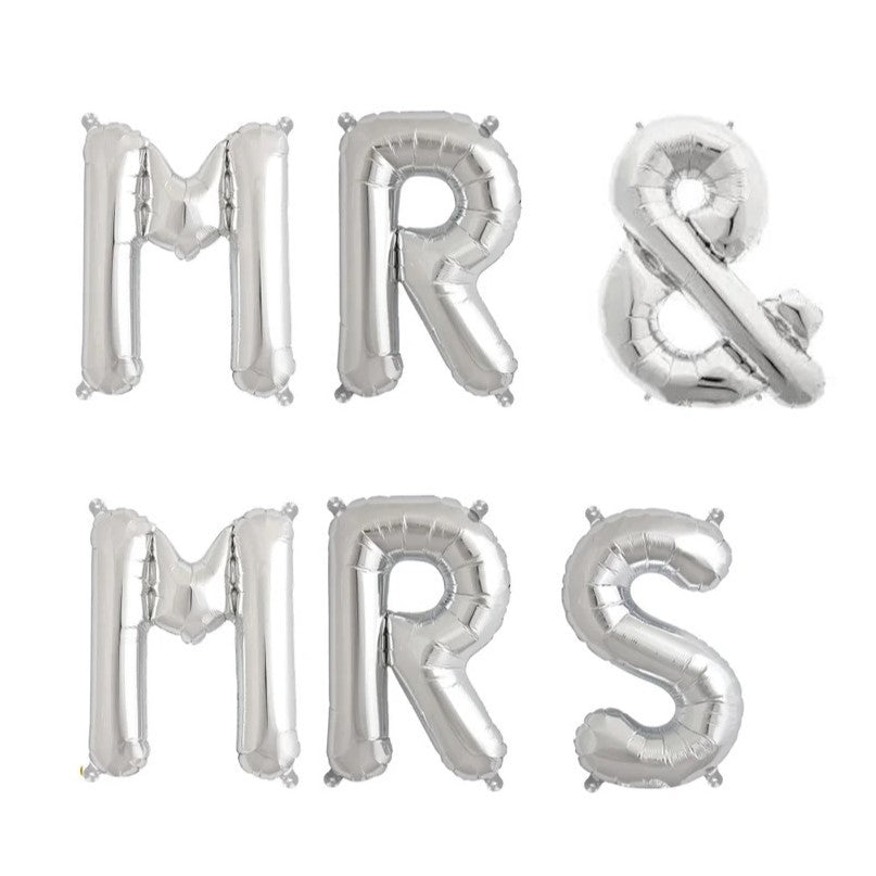 Set Baloane din Folie Metalizata, Figurine Litere, Model MR&MRS, Tema Nunta, 40 cm, Baloane Party, Ambalaj Individual, Pai inclus, Umflare cu Aer sau Heliu, Argintiu