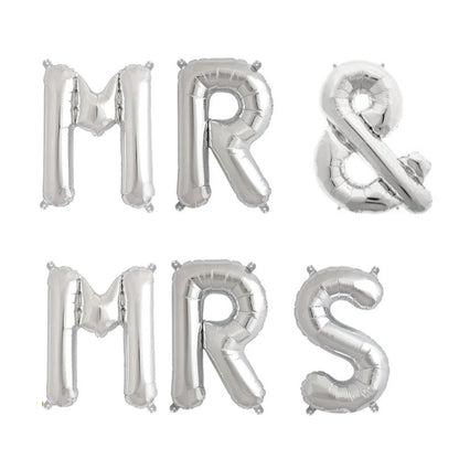 Set Baloane din Folie Metalizata, Figurine Litere, Model MR&MRS, Tema Nunta, 40 cm, Baloane Party, Ambalaj Individual, Pai inclus, Umflare cu Aer sau Heliu, Argintiu