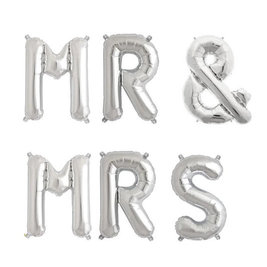 Set Baloane din Folie Metalizata, Figurine Litere, Model MR&MRS, Tema Nunta, 40 cm, Baloane Party, Ambalaj Individual, Pai inclus, Umflare cu Aer sau Heliu, Argintiu