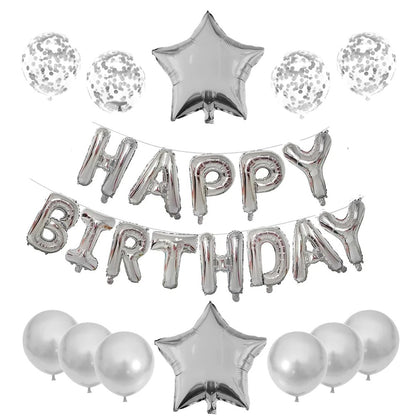 Set 25 de Baloane din Folie Metalizata si Latex, Figurine 2 Stele, 4 Baloane Confetti, 13 Litere, 6 Latex, Model Happy Birthday, Tema Aniversare, 40 cm, Ambalaj Individual, Pai Inclus, Umflare cu Aer sau Heliu, Bej