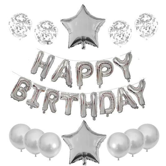 Set 25 de Baloane din Folie Metalizata si Latex, Figurine 2 Stele, 4 Baloane Confetti, 13 Litere, 6 Latex, Model Happy Birthday, Tema Aniversare, 40 cm, Ambalaj Individual, Pai Inclus, Umflare cu Aer sau Heliu, Bej