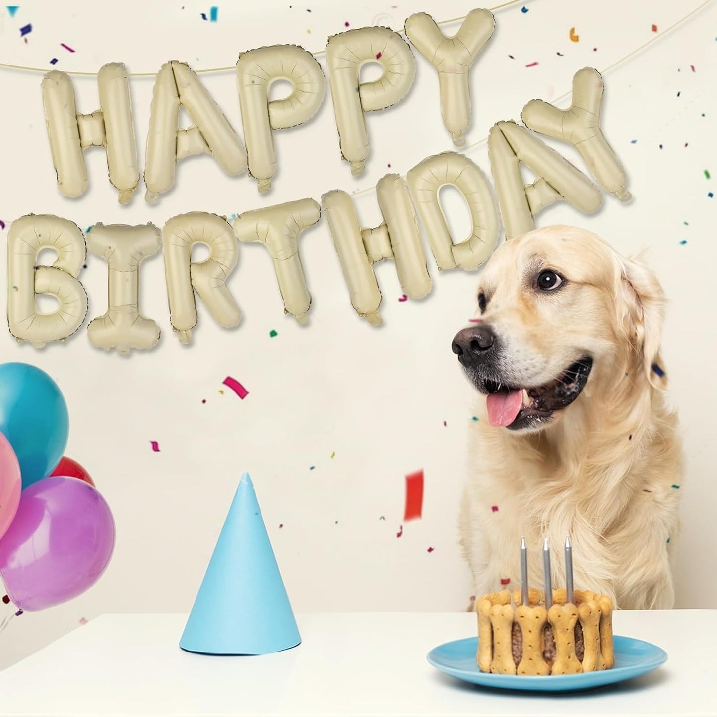 Set 25 de Baloane din Folie Metalizata si Latex, Figurine 2 Stele, 4 Baloane Confetti, 13 Litere, 6 Latex, Model Happy Birthday, Tema Aniversare, 40 cm, Ambalaj Individual, Pai Inclus, Umflare cu Aer sau Heliu, Bej