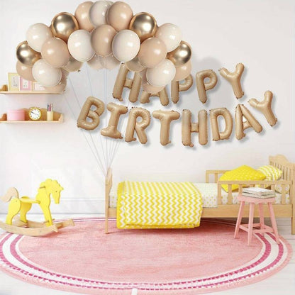 Set 25 de Baloane din Folie Metalizata si Latex, Figurine 2 Stele, 4 Baloane Confetti, 13 Litere, 6 Latex, Model Happy Birthday, Tema Aniversare, 40 cm, Ambalaj Individual, Pai Inclus, Umflare cu Aer sau Heliu, Bej