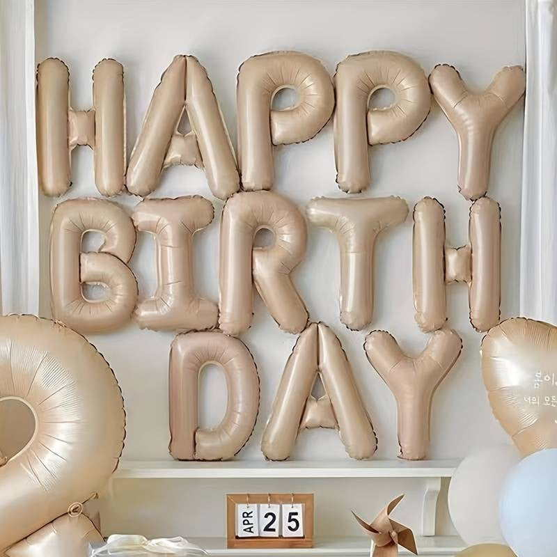 Set 25 de Baloane din Folie Metalizata si Latex, Figurine 2 Stele, 4 Baloane Confetti, 13 Litere, 6 Latex, Model Happy Birthday, Tema Aniversare, 40 cm, Ambalaj Individual, Pai Inclus, Umflare cu Aer sau Heliu, Bej