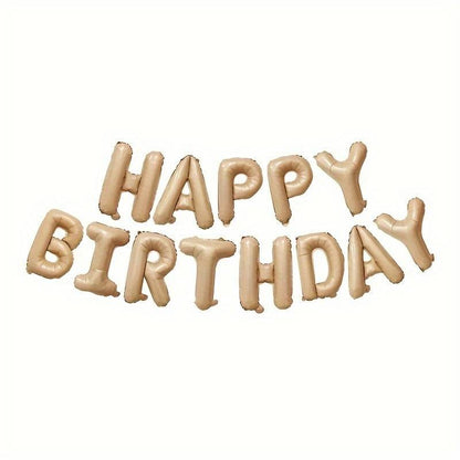 Set 25 de Baloane din Folie Metalizata si Latex, Figurine 2 Stele, 4 Baloane Confetti, 13 Litere, 6 Latex, Model Happy Birthday, Tema Aniversare, 40 cm, Ambalaj Individual, Pai Inclus, Umflare cu Aer sau Heliu, Bej