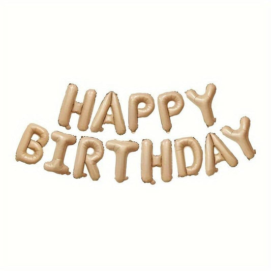 Set 25 de Baloane din Folie Metalizata si Latex, Figurine 2 Stele, 4 Baloane Confetti, 13 Litere, 6 Latex, Model Happy Birthday, Tema Aniversare, 40 cm, Ambalaj Individual, Pai Inclus, Umflare cu Aer sau Heliu, Bej
