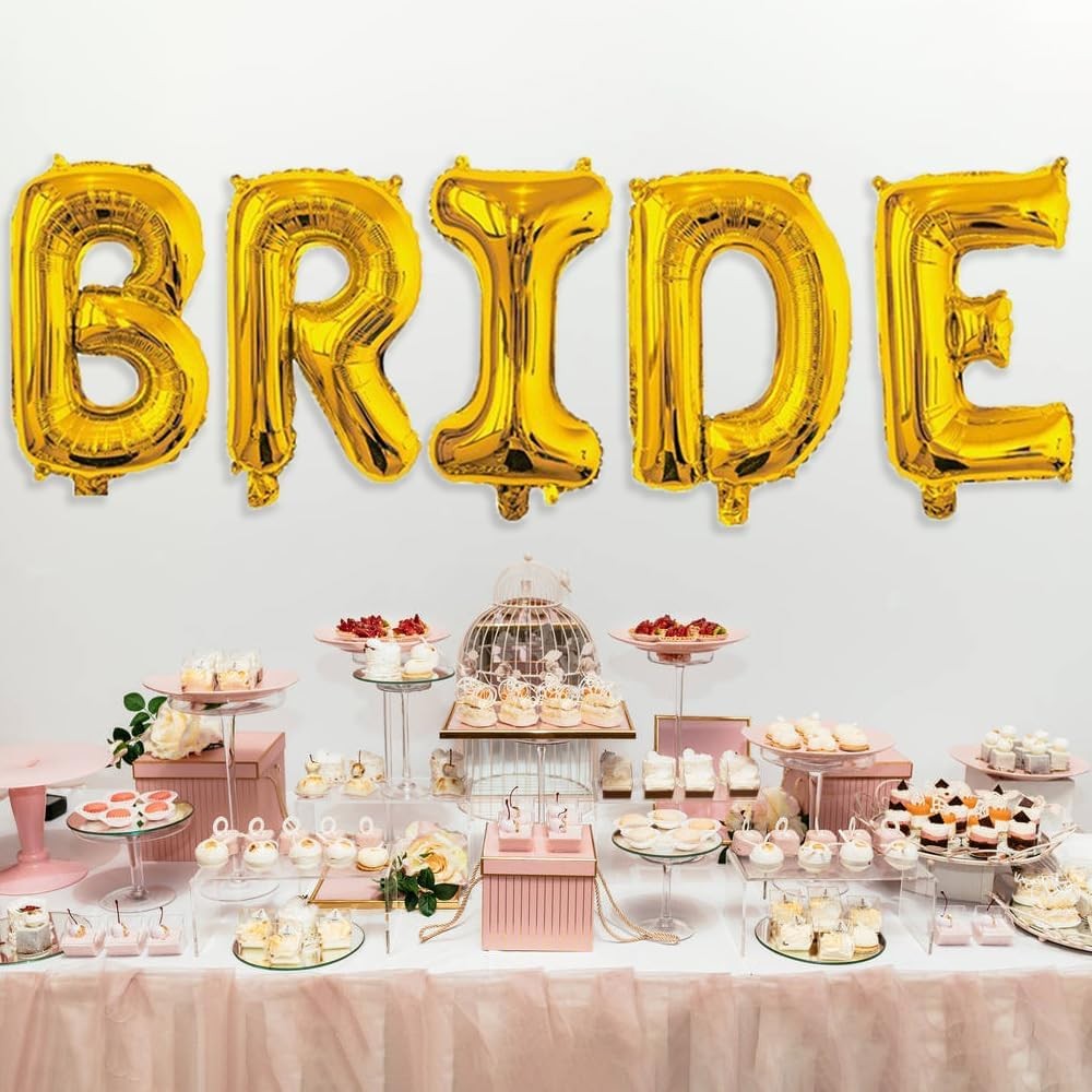 Set Baloane din Folie Metalizata, Model Scris Bride, Litere de 100 cm, Tema Iubire, Baloane Party, Ambalaj Individual, Pai Inclus, Umflare cu Aer sau Heliu, Auriu