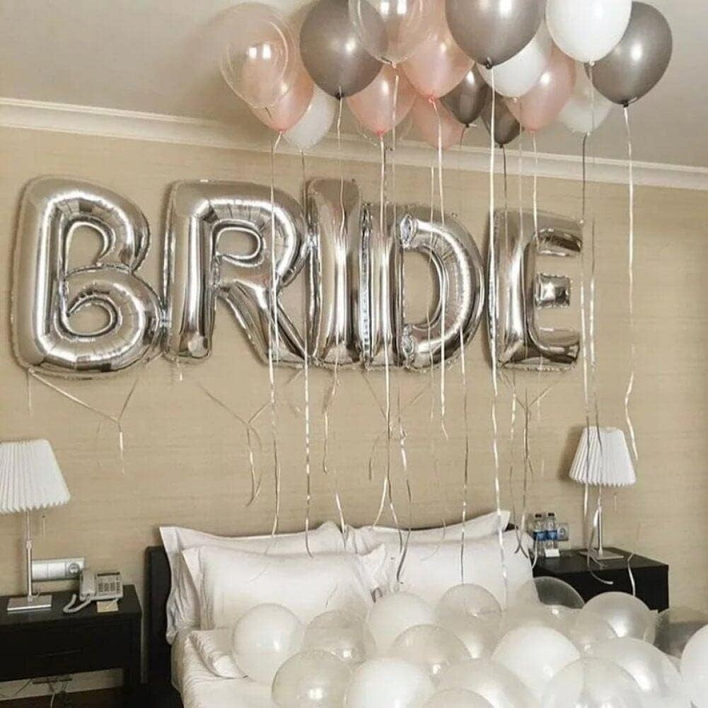 Set Baloane din Folie Metalizata, Model Scris Bride, Litere de 40 cm, Tema Iubire, Baloane Party, Ambalaj Individual, Pai Inclus, Umflare cu Aer sau Heliu, Argintiu