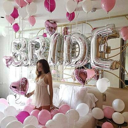 Set Baloane din Folie Metalizata, Model Scris Bride, Litere de 40 cm, Tema Iubire, Baloane Party, Ambalaj Individual, Pai Inclus, Umflare cu Aer sau Heliu, Argintiu