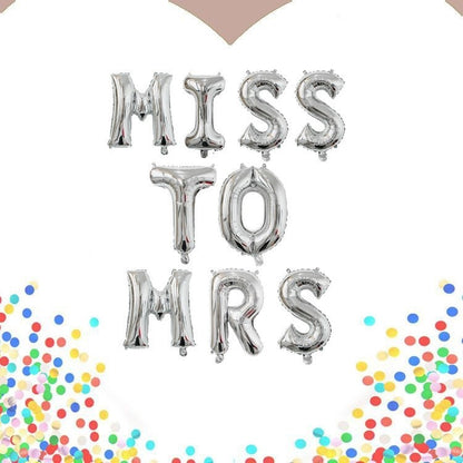 Set Baloane din Folie Metalizata, Model Scris Miss to Mrs, Litere de 40 cm, Tema Iubire, Baloane Party, Ambalaj Individual, Pai Inclus, Umflare cu Aer sau Heliu, Argintiu