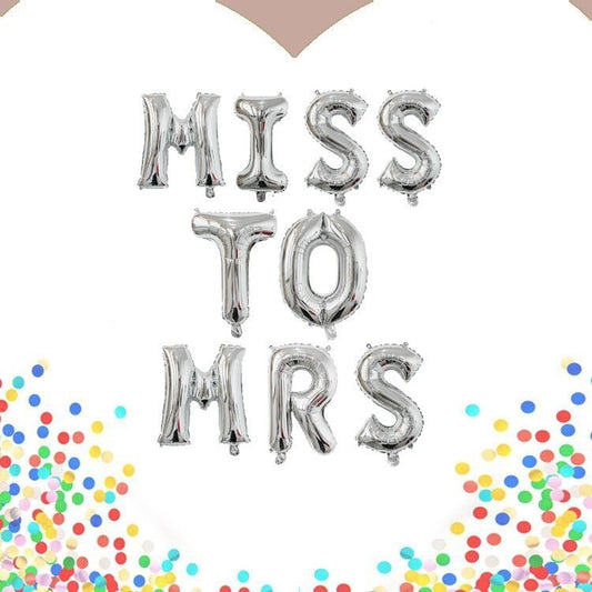 Set Baloane din Folie Metalizata, Model Scris Miss to Mrs, Litere de 40 cm, Tema Iubire, Baloane Party, Ambalaj Individual, Pai Inclus, Umflare cu Aer sau Heliu, Argintiu