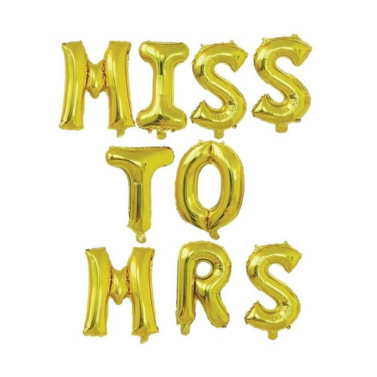 Set Baloane din Folie Metalizata, Model Scris Miss to Mrs, Litere de 40 cm, Tema Iubire, Baloane Party, Ambalaj Individual, Pai Inclus, Umflare cu Aer sau Heliu, Auriu