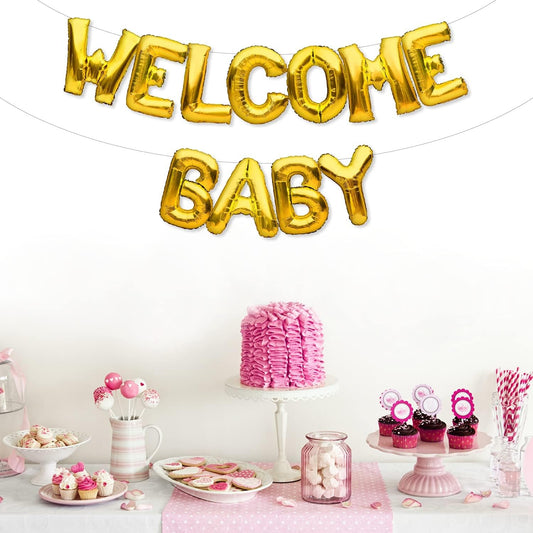 Set Baloane din Folie Metalizata, Model Welcome Baby, Litere de 40 cm, Baloane Party, Ambalaj Individual, Pai, Ata si Adeziv Incluse, Umflare cu Aer sau Heliu, Auriu