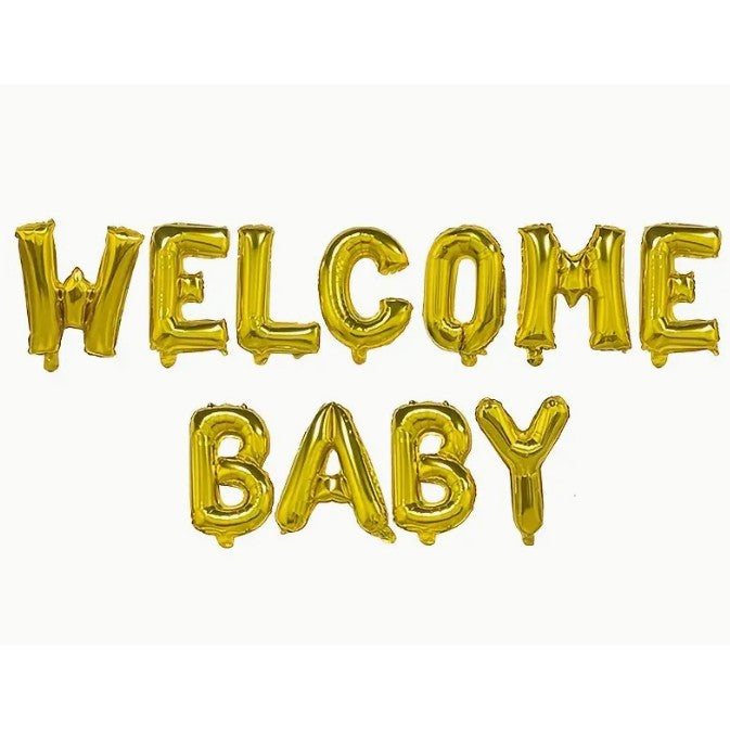Set Baloane din Folie Metalizata, Model Welcome Baby, Litere de 40 cm, Baloane Party, Ambalaj Individual, Pai, Ata si Adeziv Incluse, Umflare cu Aer sau Heliu, Auriu