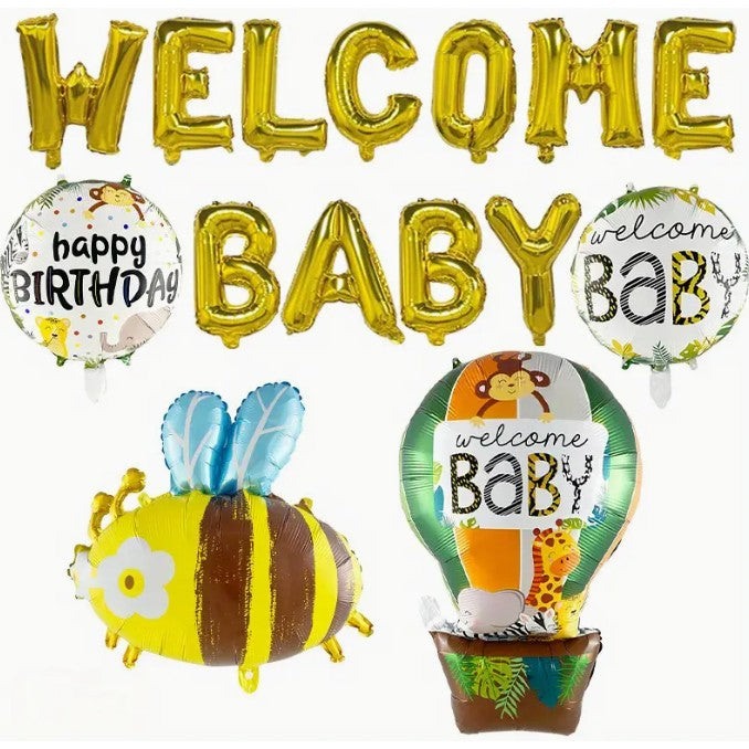 Set Baloane din Folie Metalizata, Model Welcome Baby, Litere de 40 cm, Baloane Party, Ambalaj Individual, Pai, Ata si Adeziv Incluse, Umflare cu Aer sau Heliu, Auriu