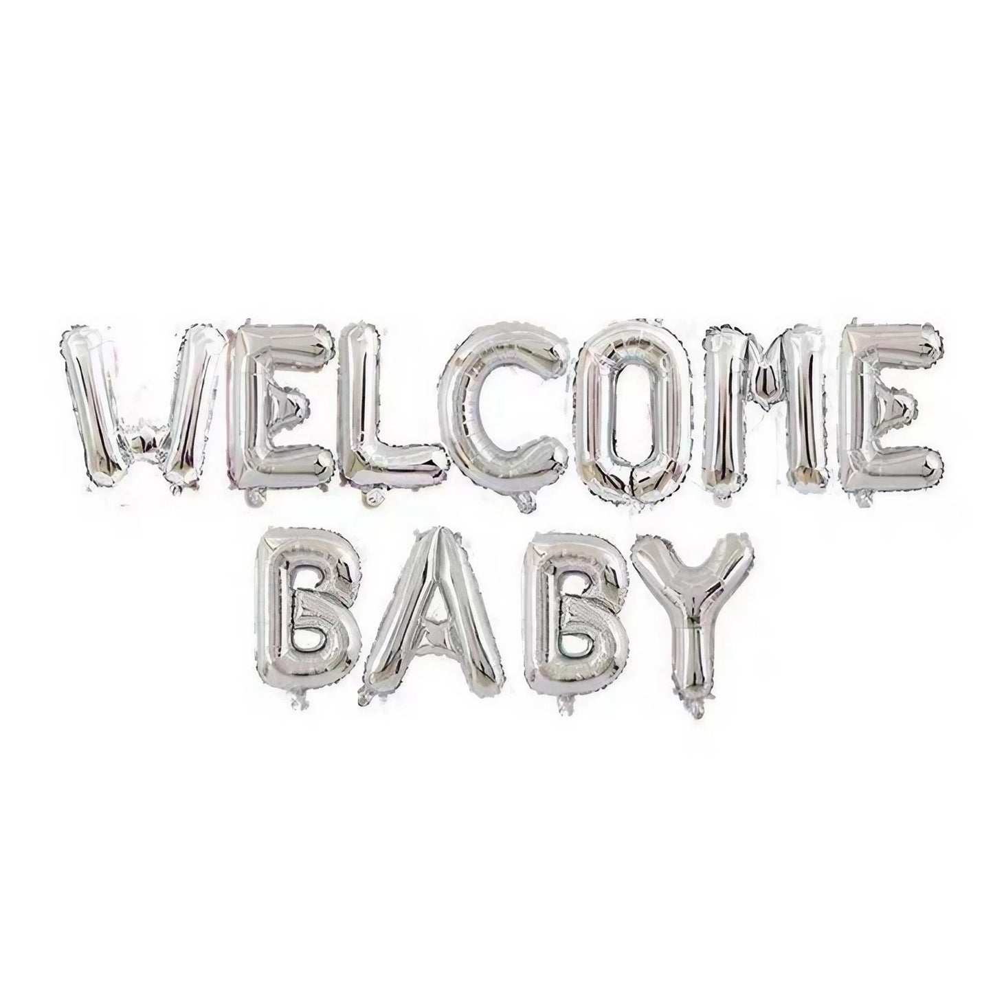 Set Baloane din Folie Metalizata, Figurine Litere, Model Welcome Baby, Tema Aniversare, 40 cm, Ambalaj Individual, Pai inclus, Umflare cu Aer sau Heliu, Argintiu