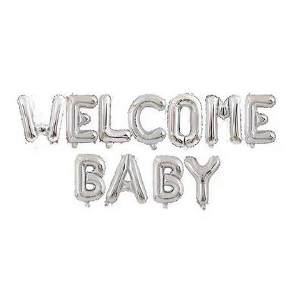 Set Baloane din Folie Metalizata, Figurine Litere, Model Welcome Baby, Tema Aniversare, 40 cm, Ambalaj Individual, Pai inclus, Umflare cu Aer sau Heliu, Argintiu