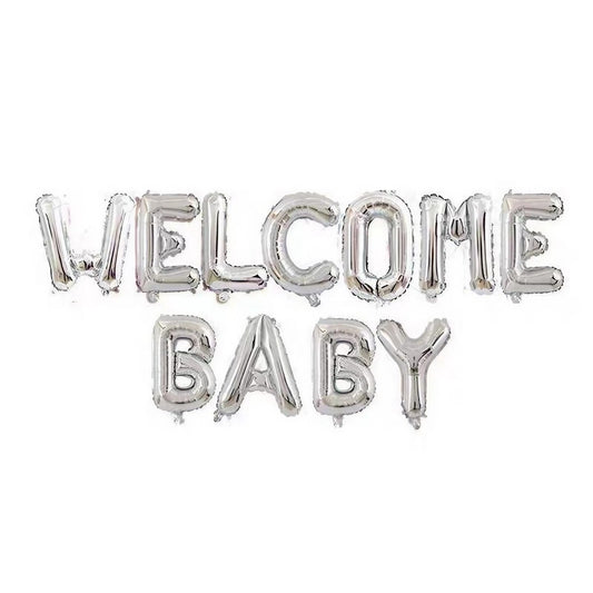 Set Baloane din Folie Metalizata, Figurine Litere, Model Welcome Baby, Tema Aniversare, 40 cm, Ambalaj Individual, Pai inclus, Umflare cu Aer sau Heliu, Argintiu