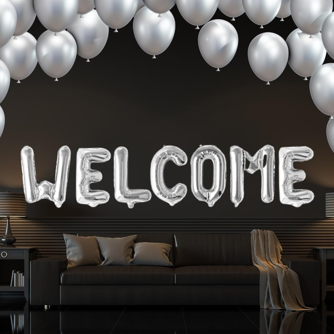 Set Baloane din Folie Metalizata, Model WELCOME!, Litere de 40 cm, Baloane Party, Ambalaj Individual, Pai Inclus, Umflare cu Aer sau Heliu, Argintiu