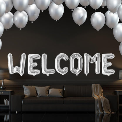 Set Baloane din Folie Metalizata, Model WELCOME!, Litere de 40 cm, Baloane Party, Ambalaj Individual, Pai Inclus, Umflare cu Aer sau Heliu, Argintiu