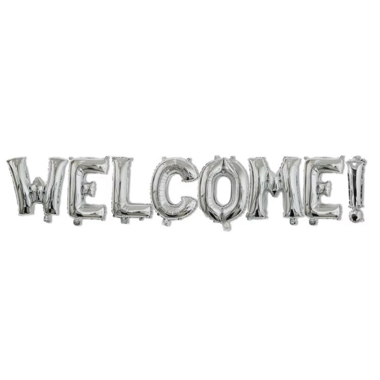 Set Baloane din Folie Metalizata, Model WELCOME!, Litere de 40 cm, Baloane Party, Ambalaj Individual, Pai Inclus, Umflare cu Aer sau Heliu, Argintiu