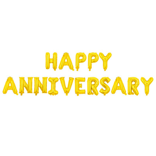 Set Baloane din Folie Metalizata, Model Happy Anniversary, Litere de 40 cm, Baloane Party, Ambalaj Individual, Pai Inclus, Umflare cu Aer sau Heliu, Auriu