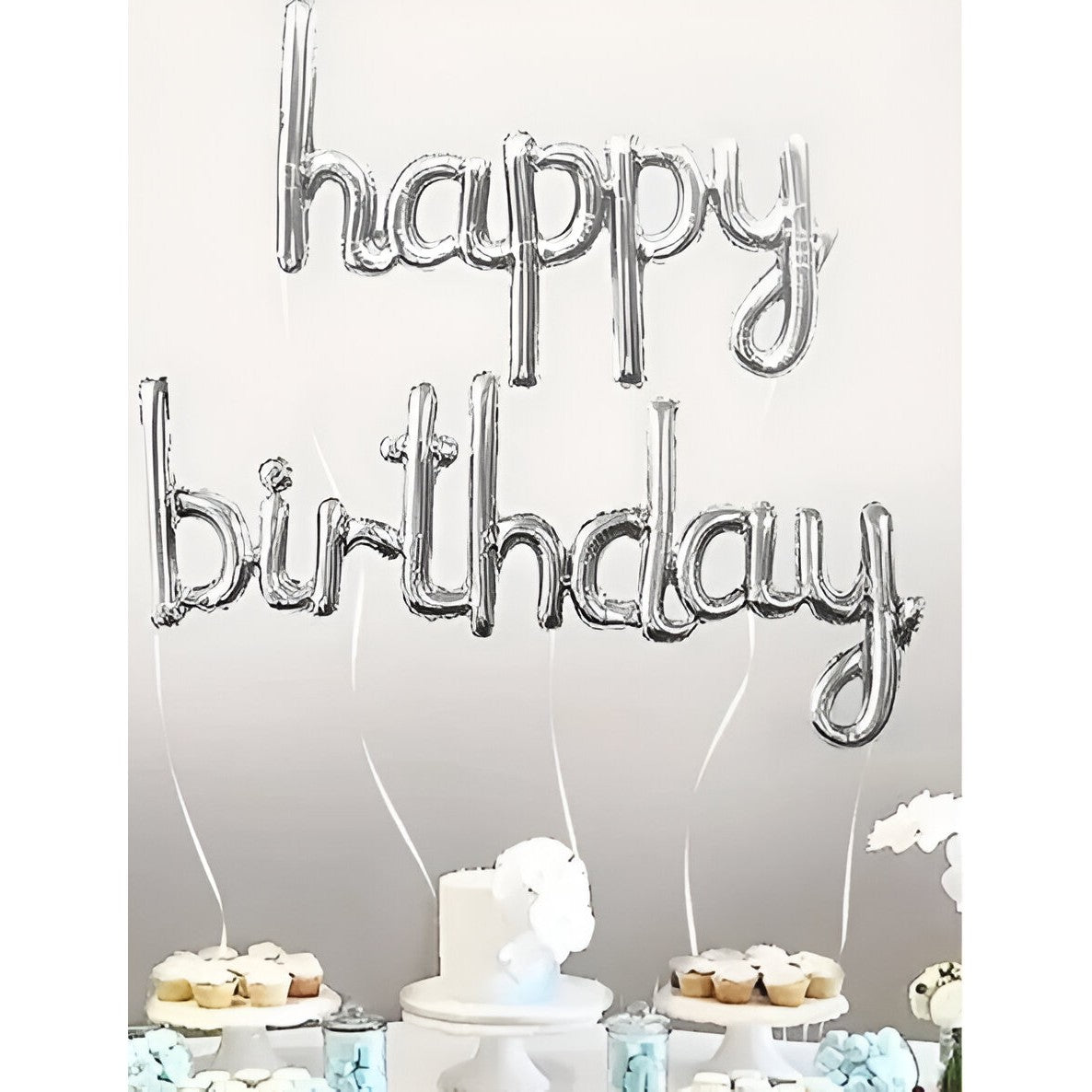 Set Baloane din Folie Metalizată, Model Happy Birthday, 45x85 cm, 45x124cm, Baloane Party, Ambalaj Individual, Pai inclus, Umflare cu Aer sau Heliu, Argintiu