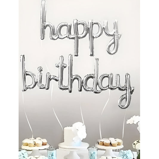 Set Baloane din Folie Metalizată, Model Happy Birthday, 45x85 cm, 45x124cm, Baloane Party, Ambalaj Individual, Pai inclus, Umflare cu Aer sau Heliu, Argintiu