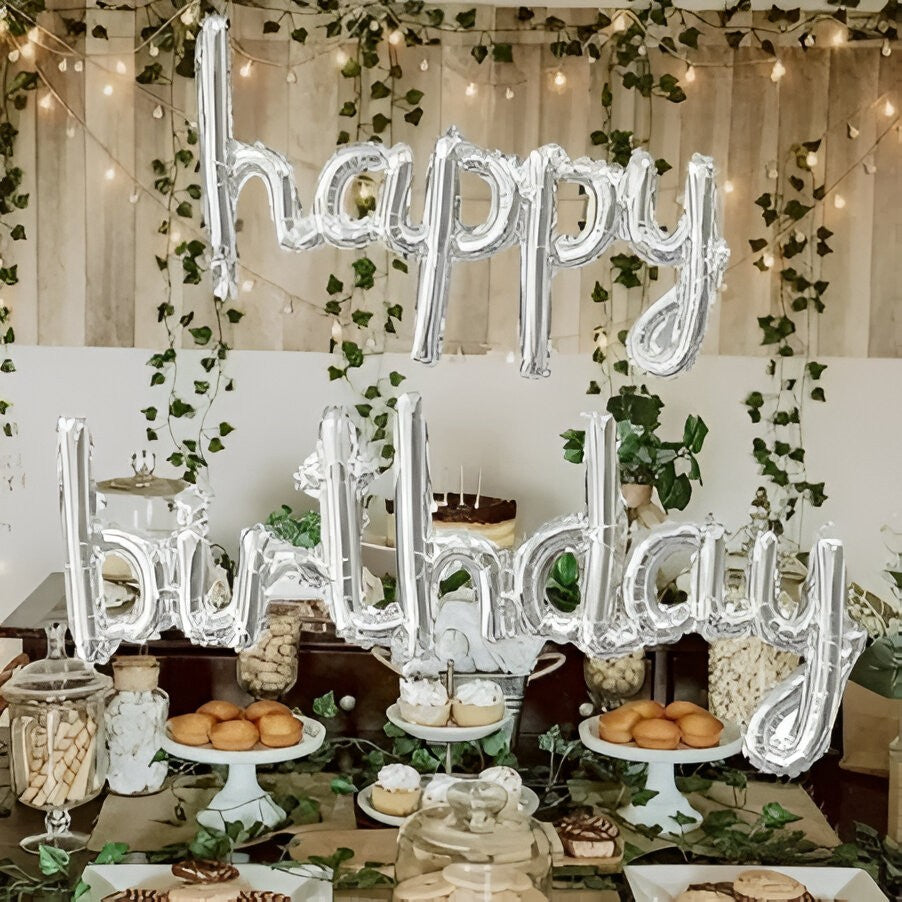 Set Baloane din Folie Metalizată, Model Happy Birthday, 45x85 cm, 45x124cm, Baloane Party, Ambalaj Individual, Pai inclus, Umflare cu Aer sau Heliu, Argintiu