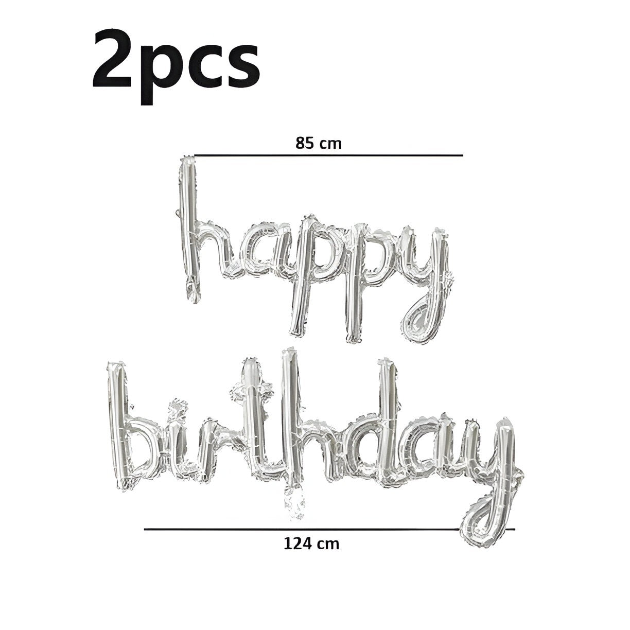 Set Baloane din Folie Metalizată, Model Happy Birthday, 45x85 cm, 45x124cm, Baloane Party, Ambalaj Individual, Pai inclus, Umflare cu Aer sau Heliu, Argintiu